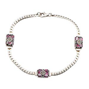 Vintage Sterling Silver Garnet Marcasite January Birthstone Bracelet 7.5 Inches